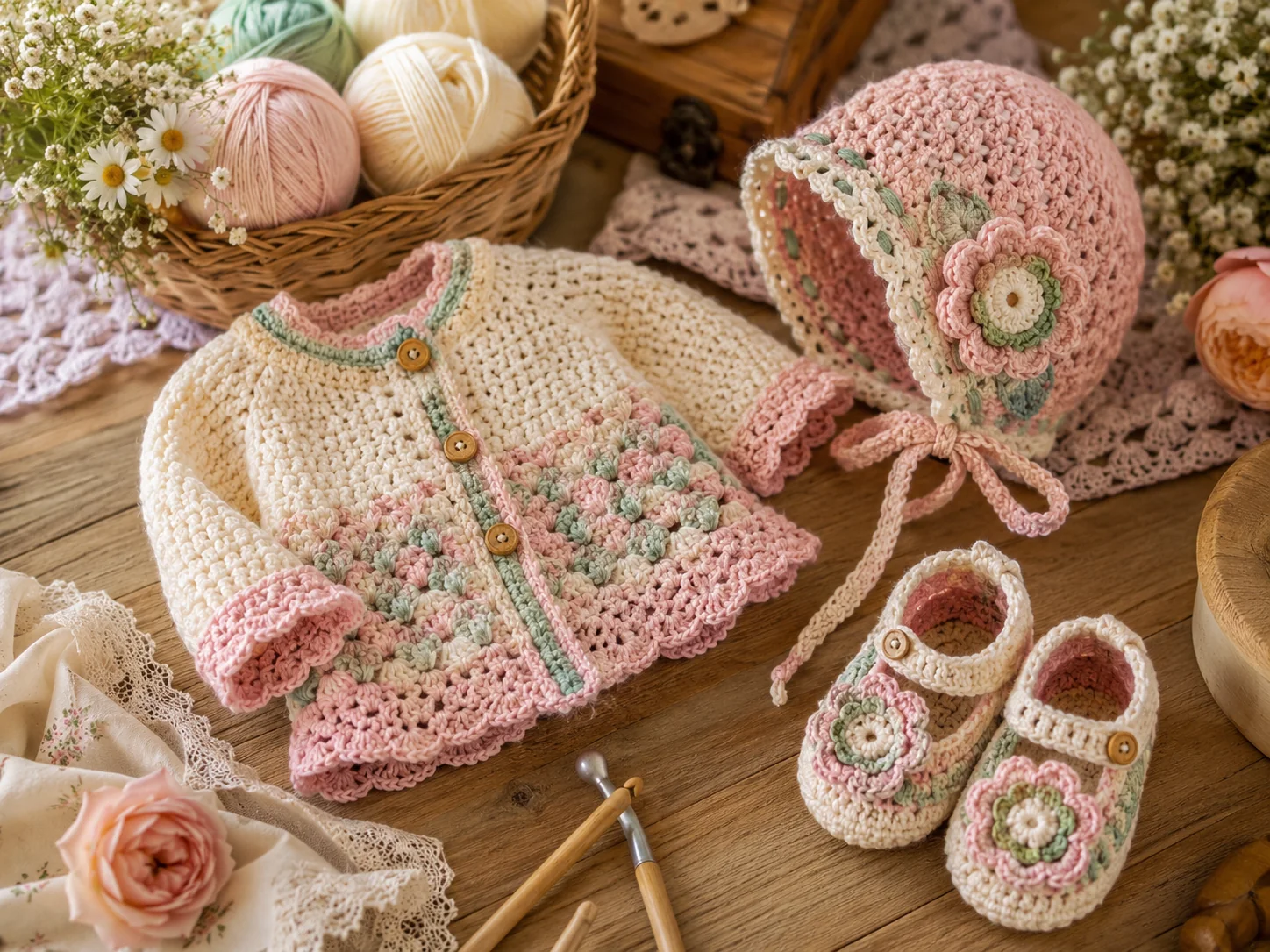 Ropita y accesorios de bebé tejidos en crochet en tonos pastel