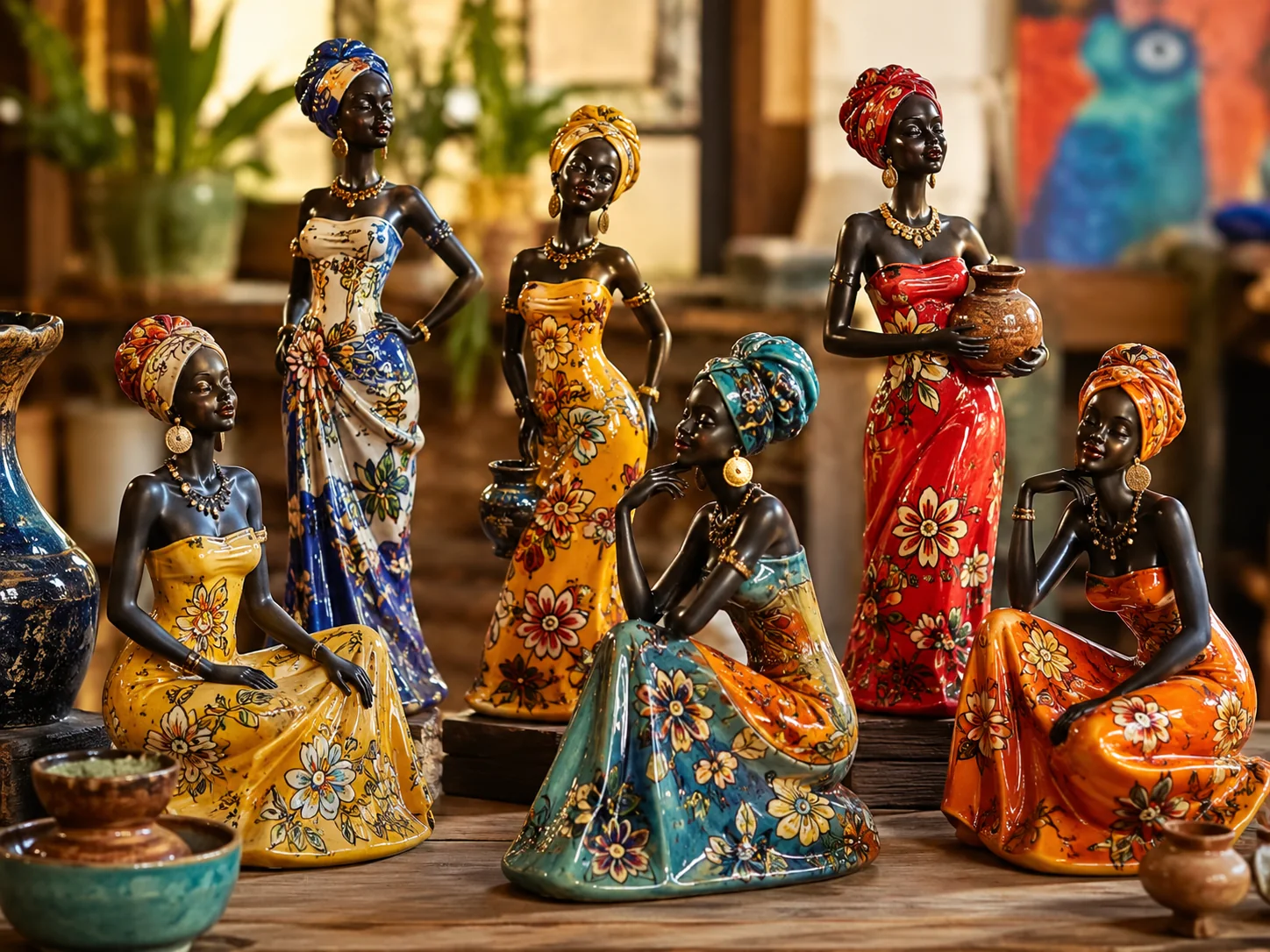 Figuras femeninas estilizadas de cerámica con vestidos coloridos