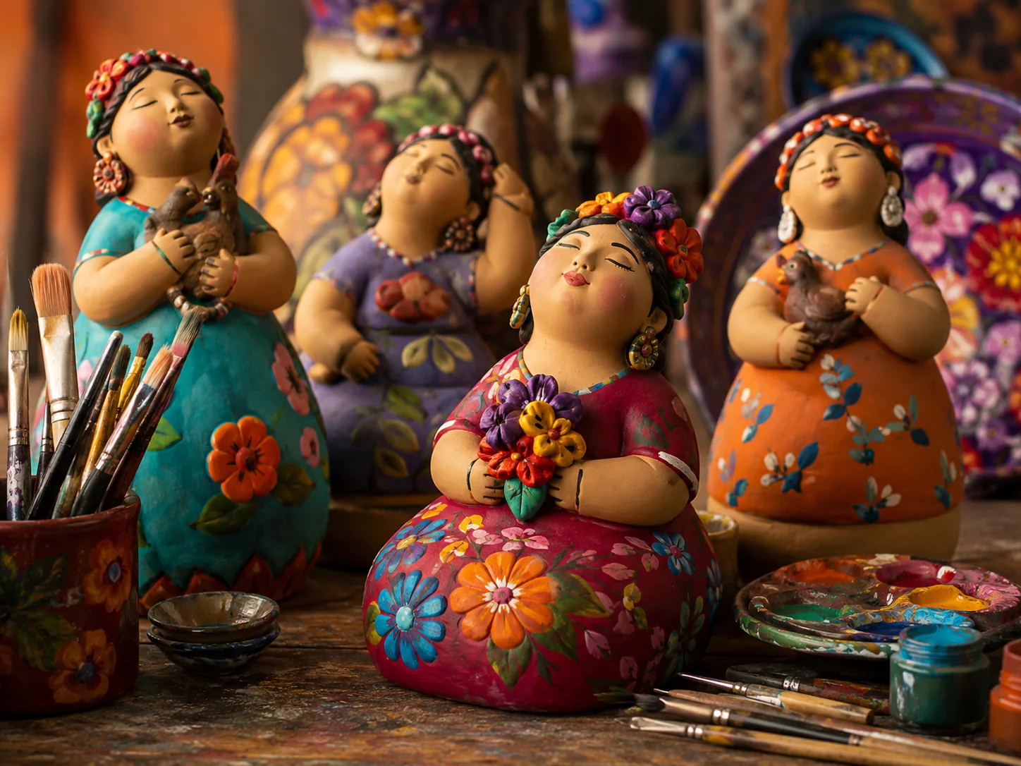 Figuras artesanales de cerámica coloridas con formas redondeadas